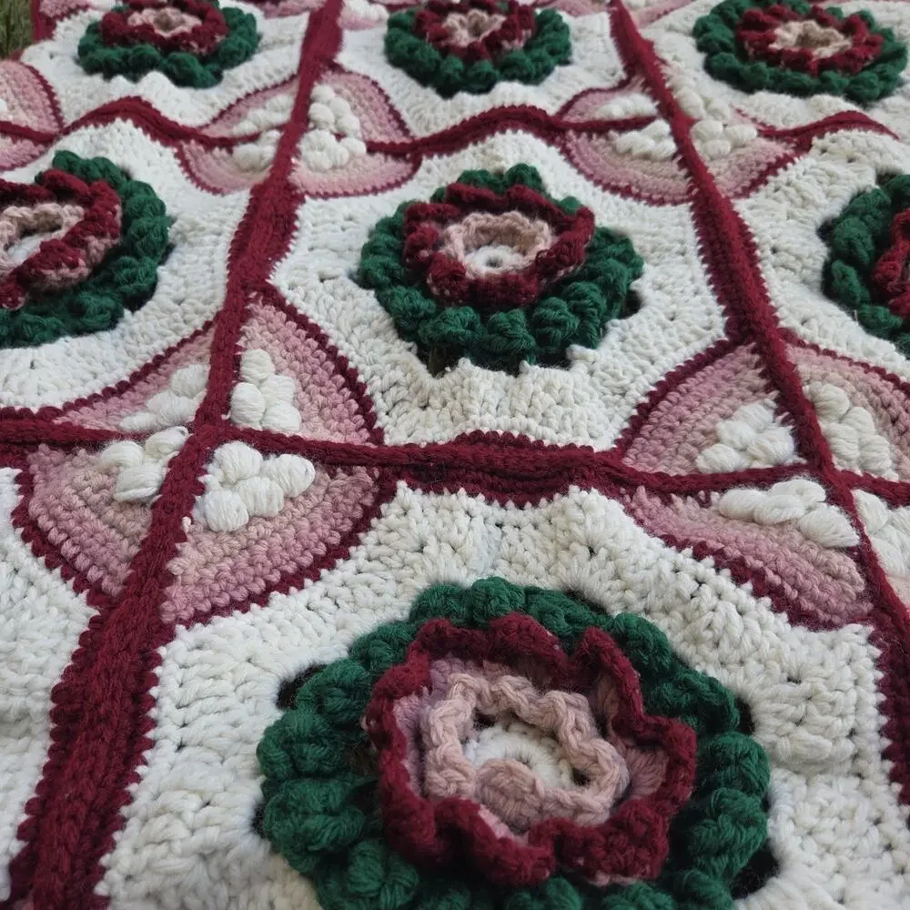 Vtg Handmade Crochet Imogen Blanket Janie Crow 3D Rose Floral Afghan Throw 60x28